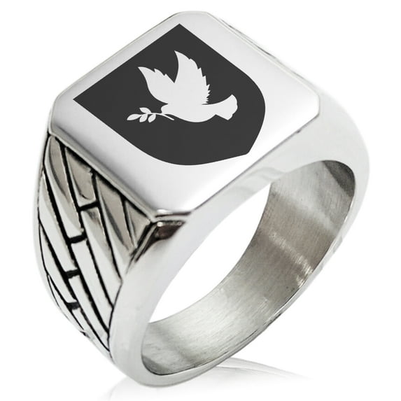 Stainless Steel Dove Peace Coat of Arms Shield Geometric Pattern Biker Style Polished Ring