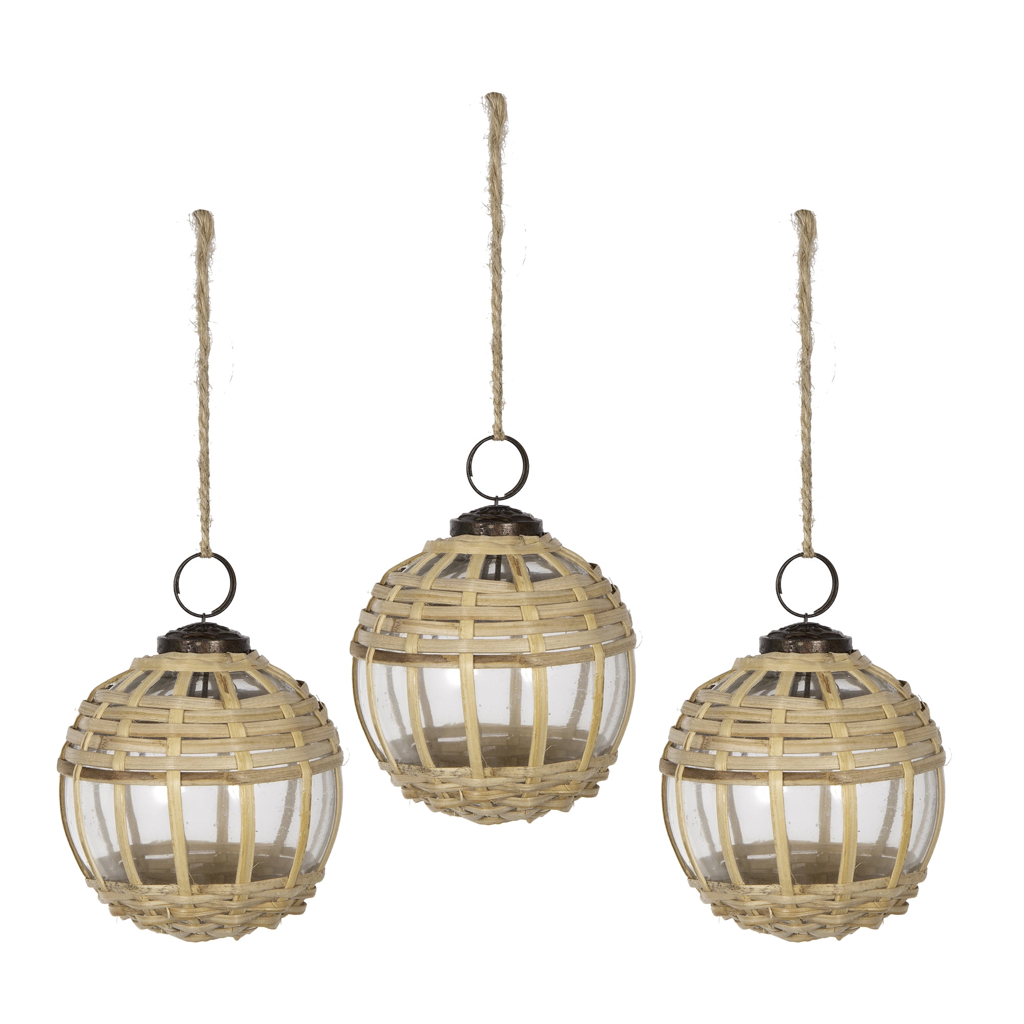 Glass and Cane Christmas Ball Ornament 3.6 Inch Rustic Natural Texture Tree Garland Decor