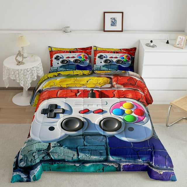 YST Gamer Queen Bedding Sets For Kids Boys Teens Video Game Comforter Set,Rainbow Block Bedding Comforter Sets Gamer Gaming Quilt Set Red Yellow Quilted Comforter Game Themed Bedroom Decor