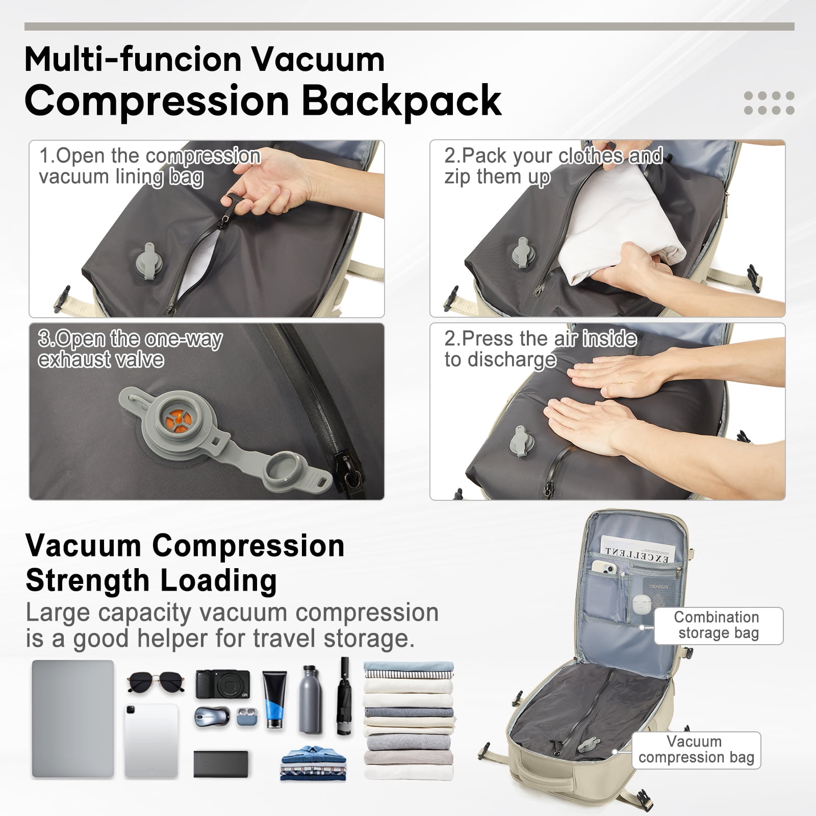 Vacuum Seal Compression Large Travel Backpack with Air Pump, Personal Item Airbag Carry on Backpacks Flight Approved, Airback Waterproof Work Compression Bags Travel Pump Business Laptop Suitcase