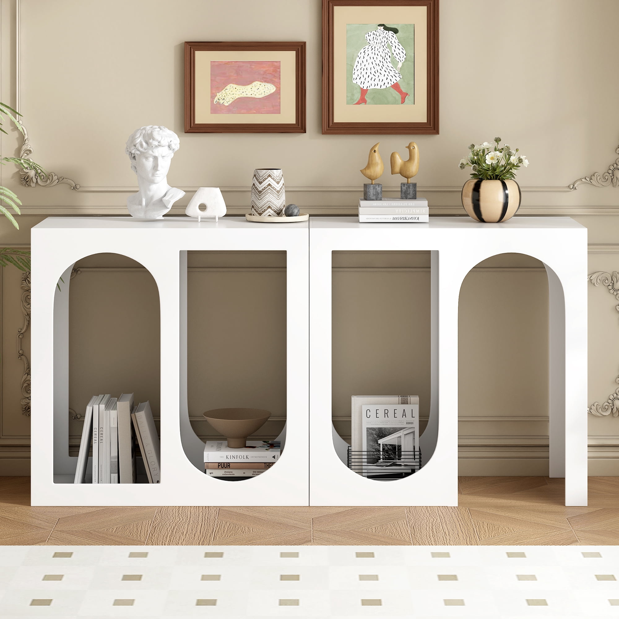 EUROCO 62.8" Longer Modular Console Table,Wood Entryway Table with Rectangular Exterior and Curved Interior Design for Customizable Arrangements,White
