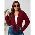 thumbnail image 3 of SHOWMALL Long Sleeve Lightweight Cardigan for Plus Size Women, Wine Red 2X Casual Drape Fit, V-Hem Design, 3 of 8