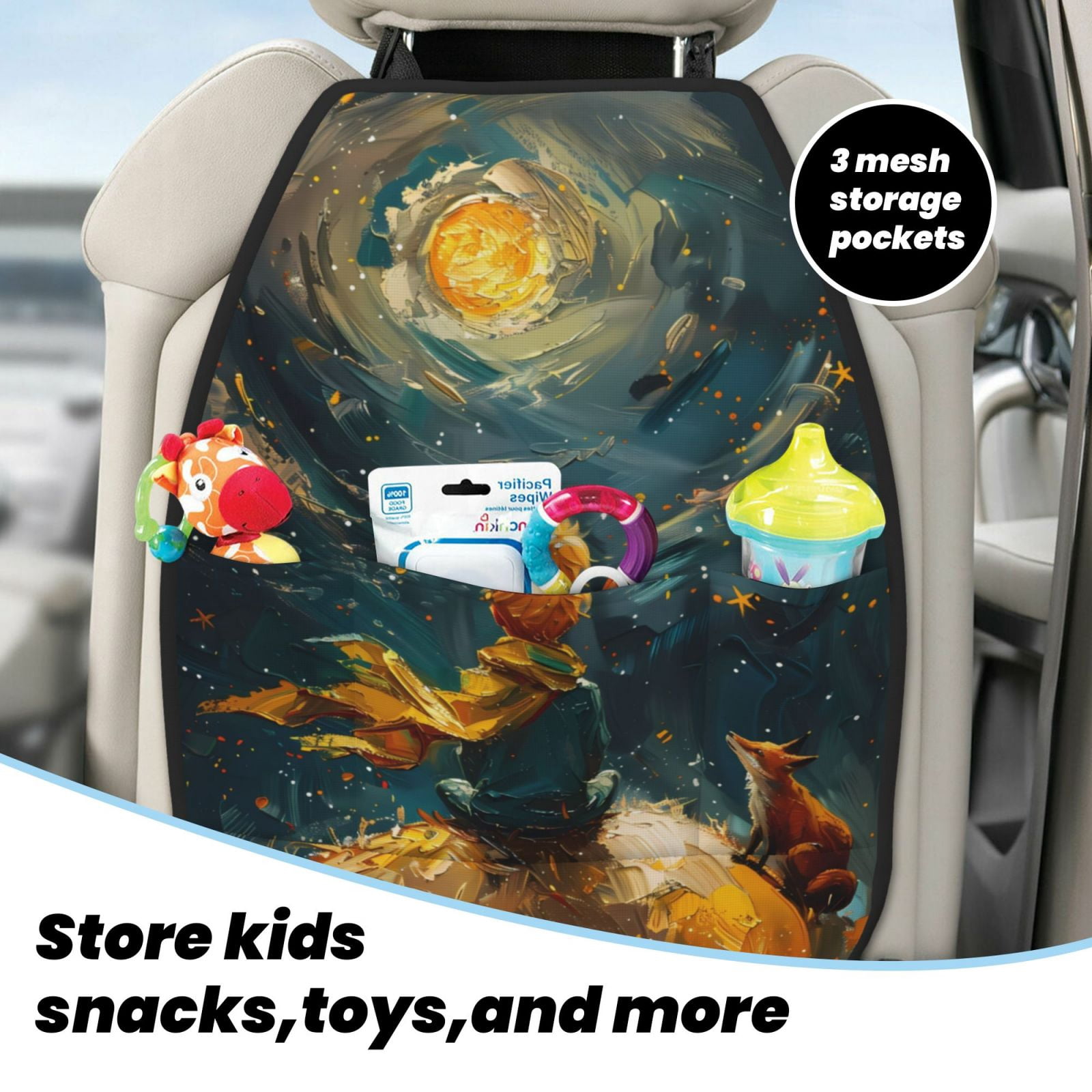 Xecao Whimsical Starry Night Scene Pattern Car Seat Back Protector 2 Pack Large Capacity Pocket, Kick Mats Back Seat Protector