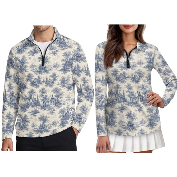 Jiueut Blue Toile De Jouy House Pattern Couple Golf Shirts, Matching Hawaiian Golf Shirt for Couple, Moisture Wicking Couple Polo Shirt for Men Women, Size L