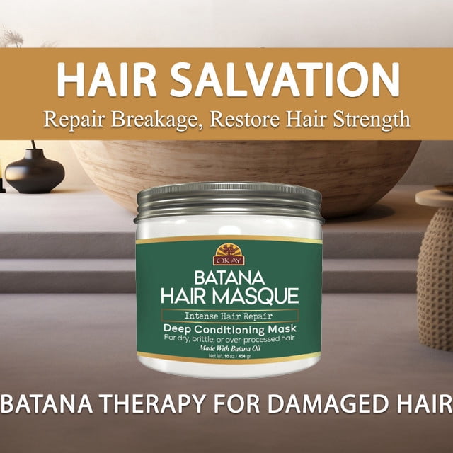 OKAY Batana Hair Masque Deep Conditioning Treatment with Batana Oil, Quinoa & Coconut Oil, Repairs Dry Damaged Hair, Restores Shine & Elasticity, Sulfate Paraben Silicone Free, 16 oz