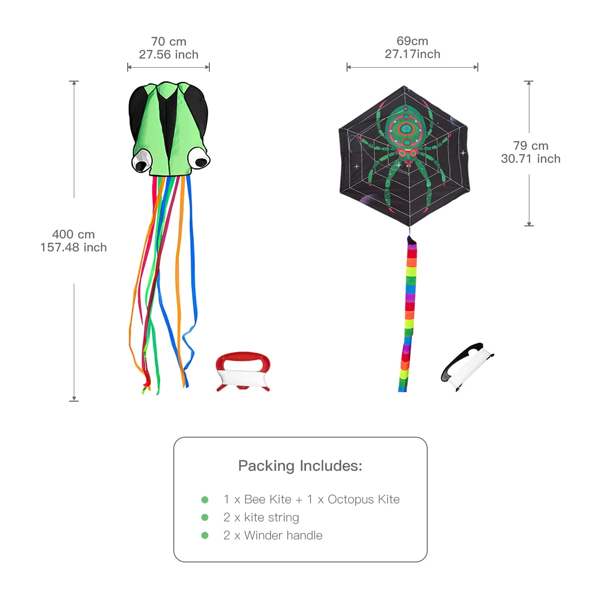 Kepooman Large Green Octopus Kite & Green Spider-Print Kite with Tail & Lines, 2 Pack Easy Flyer Kites for Family Outdoor Game Activities Kepooman Large Green Octopus Kite & Green Spider-Print Kite with Tail & Lines, 2 Pack Easy Flyer Kites for Family Outdoor Game Activities