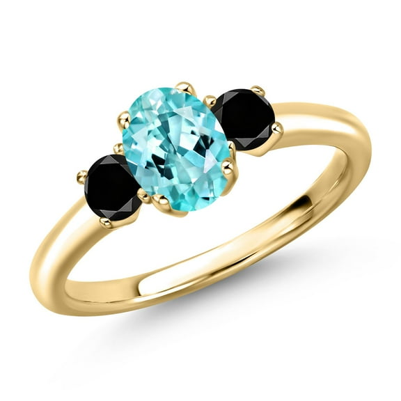 Gem Stone King 10K Yellow Gold Blue Apatite and Black Diamond Engagement Ring for Women | 1.16 Cttw | Oval 7X5MM | Gemstone Birthstone | Size 8