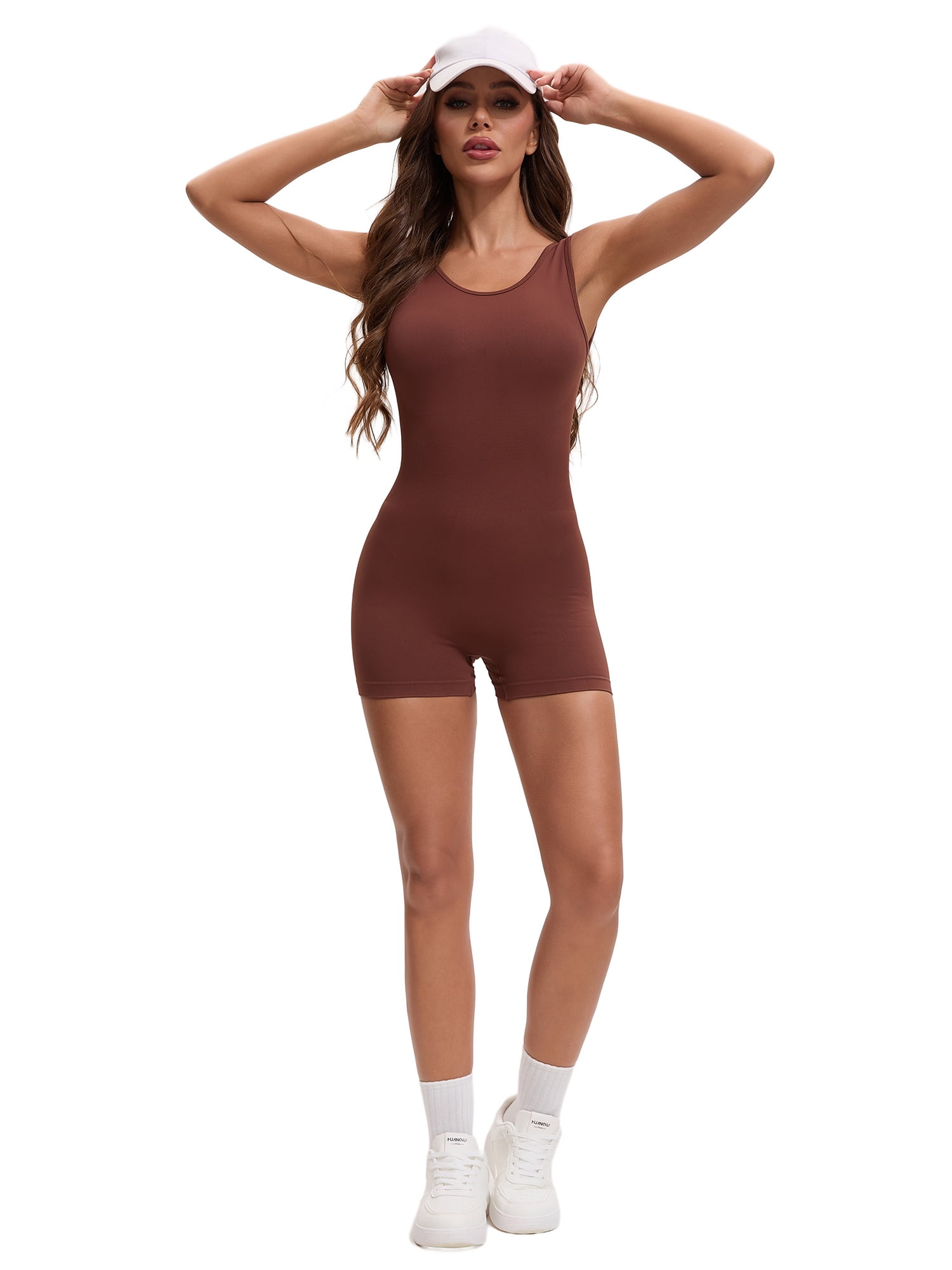 DARING DIVA Women's Jumpsuits Backless Tummy Control V Back Romper M Coffee