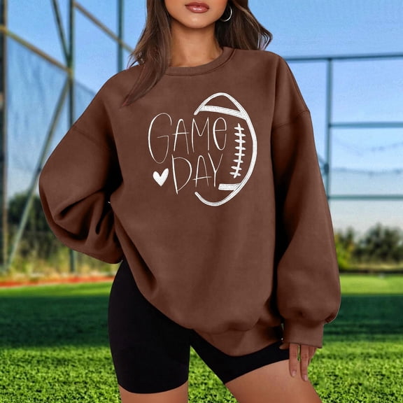 Gamivast Game Day Football Sweatshirt for Women Cute Heart Graphic Long Sleeve Crewneck Pullover Relaxed Fitted Drop Shoulder Tops Superbowl Outfit 2026