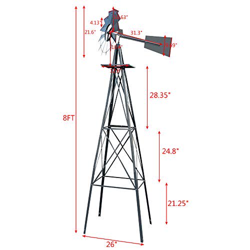 VINGLI Moulin à Vent Ornemental de 8 Pi pour Cour Arrière et Jardin, Girouette, Moulin à Vent en Métal Robuste avec Conception à 4 Pieds, Gris