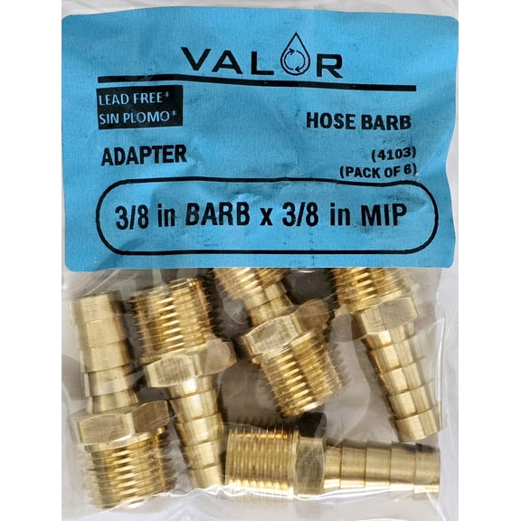 6 Pack- Valor 4103-6B Brass 3/8" Barb x 3/8" MIP Adapter Hose Fitting for Air/Gas/Fuel/Oil
