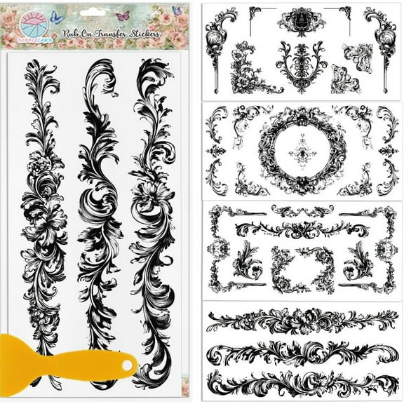 4 Sheets Vintage Lace Corners Furniture Transfer 11.8x5.9inch European Style Borders Rub on Transfer UV Self-Adhesive Wall Art Decals Craft for Bedroom Living Room Desk Table