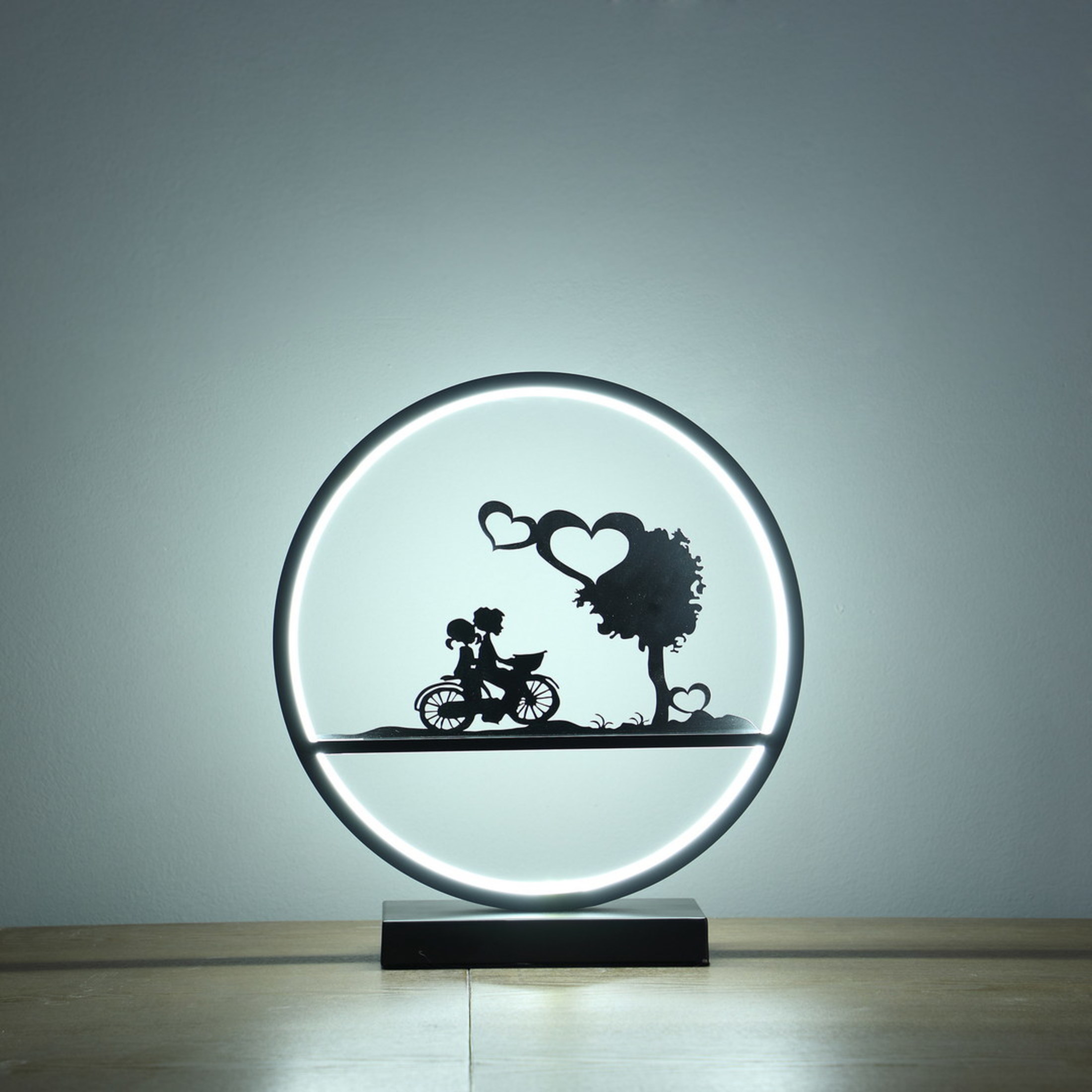 Noble House 13" LED Accent Table Lamp, Girl and Boy on Bicycle, Ring Shape Desk Lamp, Inline Switch, Matte Black
