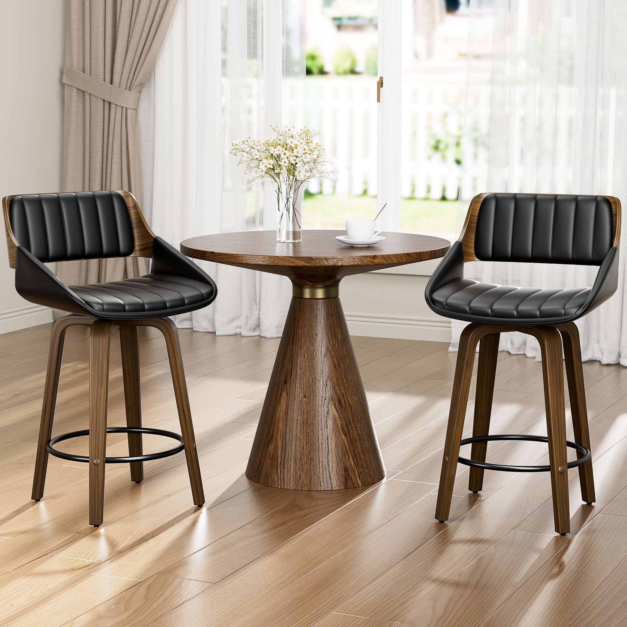 LainTene 26" Swivel Counter Height Bar Stool with Walnut Bentwood Frame, Faux Leather Seat & Footrest, Mid-Century Modern Chair for Kitchen Island, Bar, or Café (Set of 3)