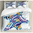 thumbnail image 1 of Starfish Duvet Cover Set Queen Size, Cartoon Styled Starfish with Summer Season Vacation Accessories Striped Backdrop, Decorative 3 Piece Bedding Set with 2 Pillow Shams, Multicolor, by Ambesonne, 1 of 3