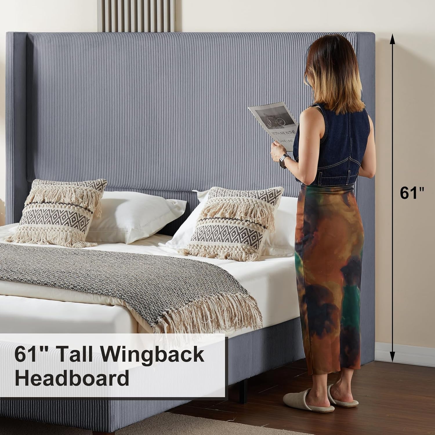 Amerlife Queen 61" Corduroy Upholstered Bed Frame with Wingback Headboard, Vertical Stripe, Grey