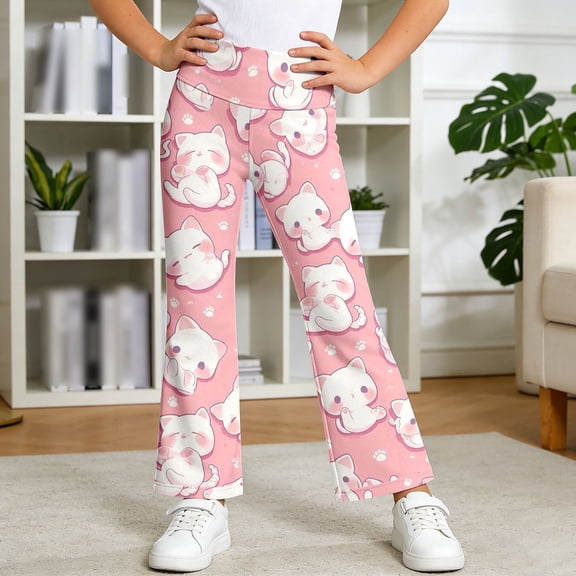 Bysome Pants For Girls Graphic Print Elastic Waist Flared Trousers Breathable Girls Pants Size 1-2 Years Pink