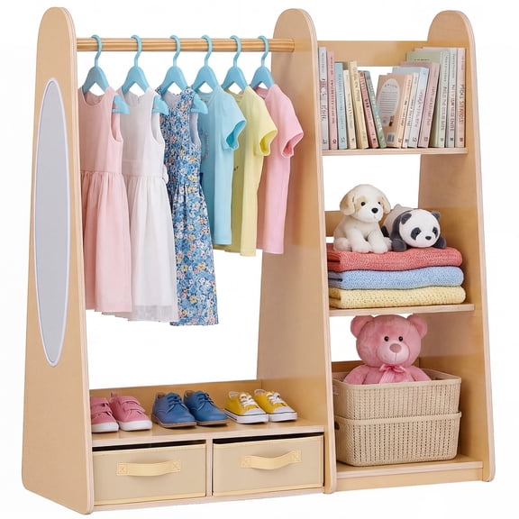 VEVOR Kids Dress Up Storage, with Mirror, Dress Up Closet, Toddler Wardrobe Closet for Little Girls, Armoire with Shelves & Bottom Tray, Costume Organizer, Toddler Room Furniture, for Bedroom,Natural