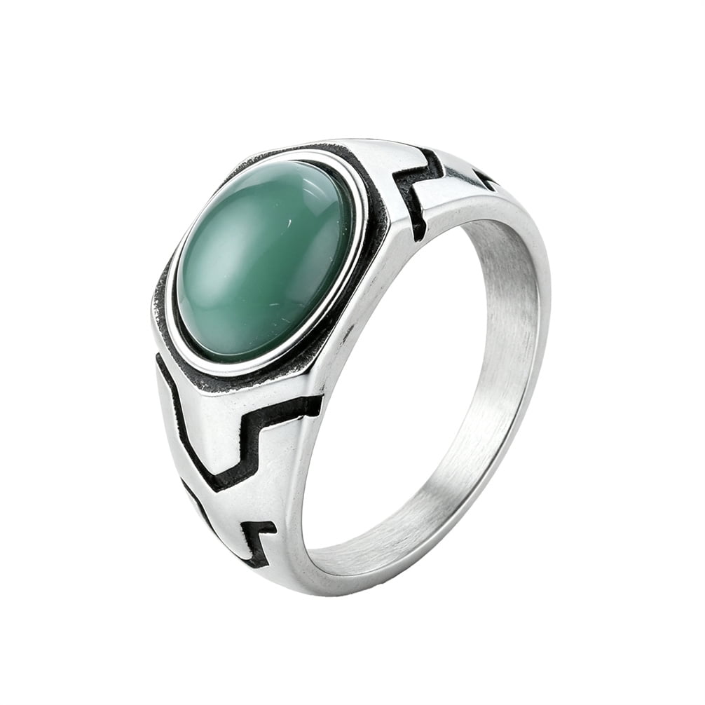 HIRPLIS Oval Gemstone Rings for Men Band Stainless Steel Mechanical Geometric Gothic Biker Punk Vintage Statement Personalized Gift Jewelry Silver Plated Green 1 9