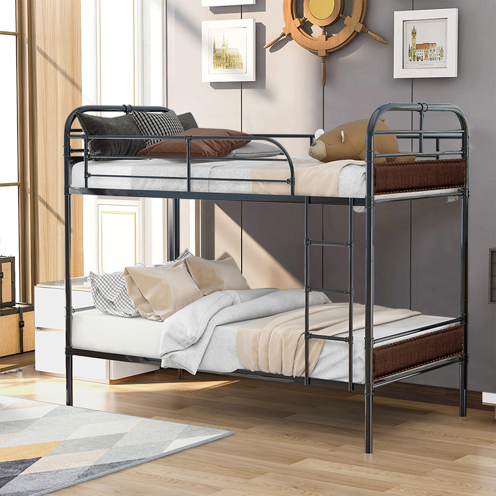 Convertible Bunk Bed with Upholstered Headboards, Twin over Twin Bunk Bed with Ladder and Safety ...