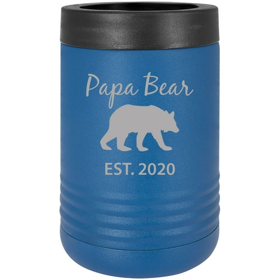 Papa Bear Est. 2020 Stainless Steel Engraved Insulated Beer Beverage Holder Can Cooler, Blue