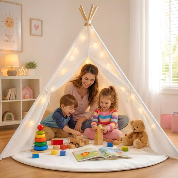 Kids tent, Teepee Tent, Kids Playhouse, Teepee kids tent, Kids Teepee, Large Teepee tent for Kids with Fluffy Blanket, Star Lights, Carry Bag, Pocket, Window