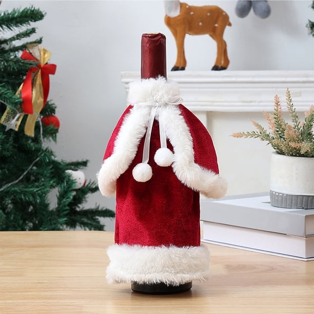 Vestido Decorativo Navideño de Terciopelo Dorado para Botella de Vino | Poliéster Rojo | 24X24Cm | Decoración de Mesa para El Hogar | 1 Unidad