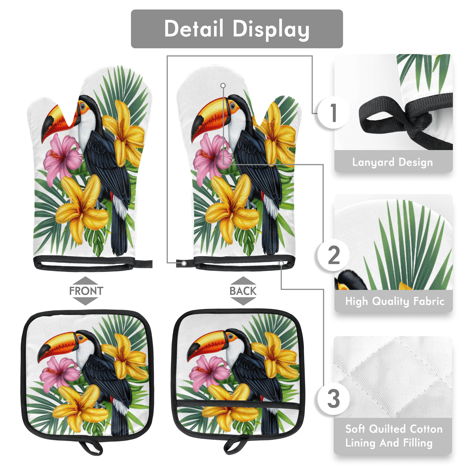 CURLYOOT Toucan Oven Mitts and Pot Holders Sets of 2, Non-Slip Washable Tropical Plant Flower Bird Hot Pads and Oven Gloves for Kitchen Cooking Baking