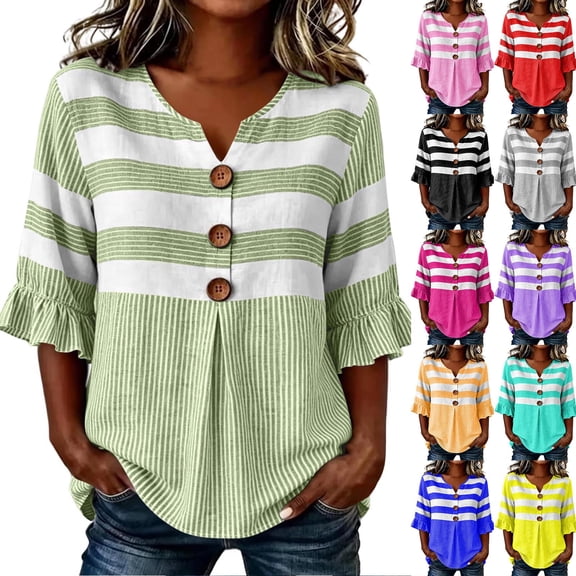 Ihhxva Women's Cotton Tops Striped V-Neck Blouse Loose Fit Button Detail Ruffle Sleeve Top Casual Summer Chic Flowy Tunic with Breathable S-2XL