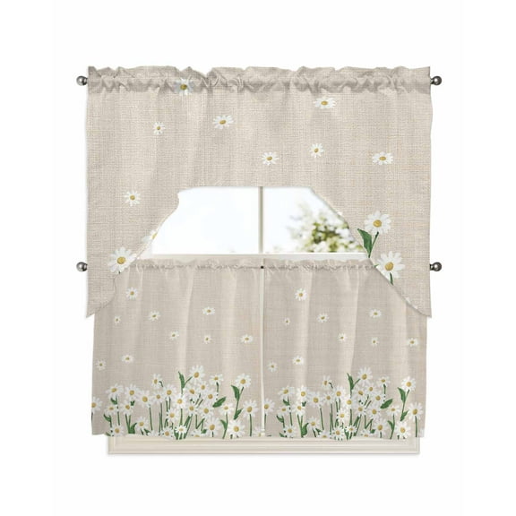 Spring Floral Daisy Kitchen Curtains Swag Valance and Tier Curtains Set 24 Inch Length, Flower Burlap Texture Rod Pocket Drape Panels Pair Swag Curtains for Bathroom/Cafe/Window