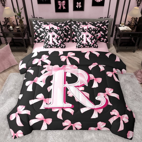 Manfei Personalized Initial Alphabet R Twin Bedding Sets 7-Piece for Teens Adults,Kawaii Ribbon Bowtie Bedding Comforter Set Microfiber,Black Pink Breathable Sheet Sets,Ultra Soft Home Decor