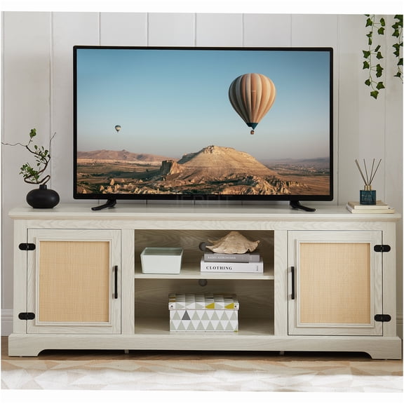 JERFIT 70 inch Antique White Farmhouse TV Stand with Rattan Cabinets, Media Console Table with Storage Shelves for Living Room
