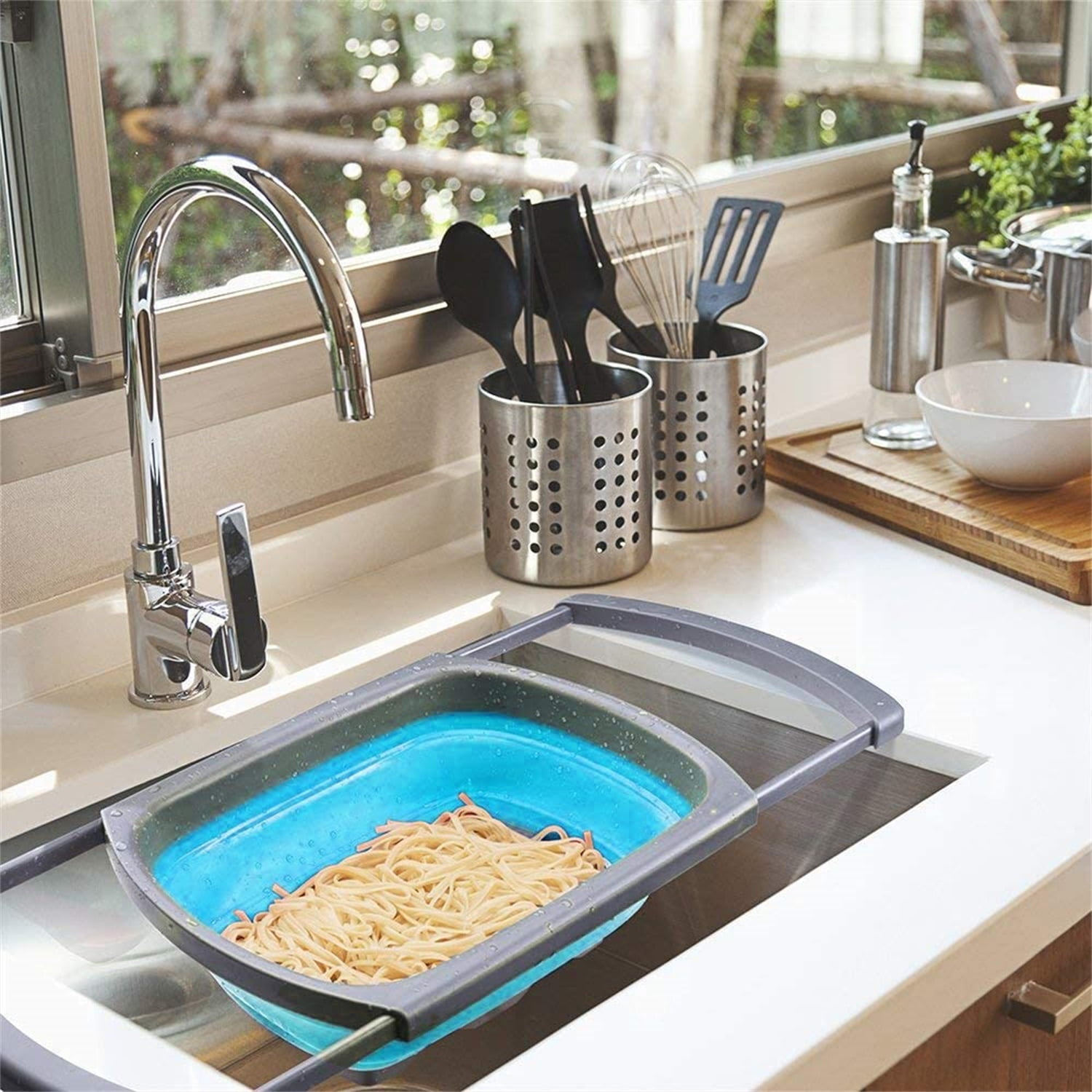 Kepooman Kitchen Over The Sink Collapsible Colander Strainer with Extendable Handles for Vegetable Fruit, Blue Kepooman Kitchen Over The Sink Collapsible Colander Strainer with Extendable Handles for Vegetable Fruit, Blue