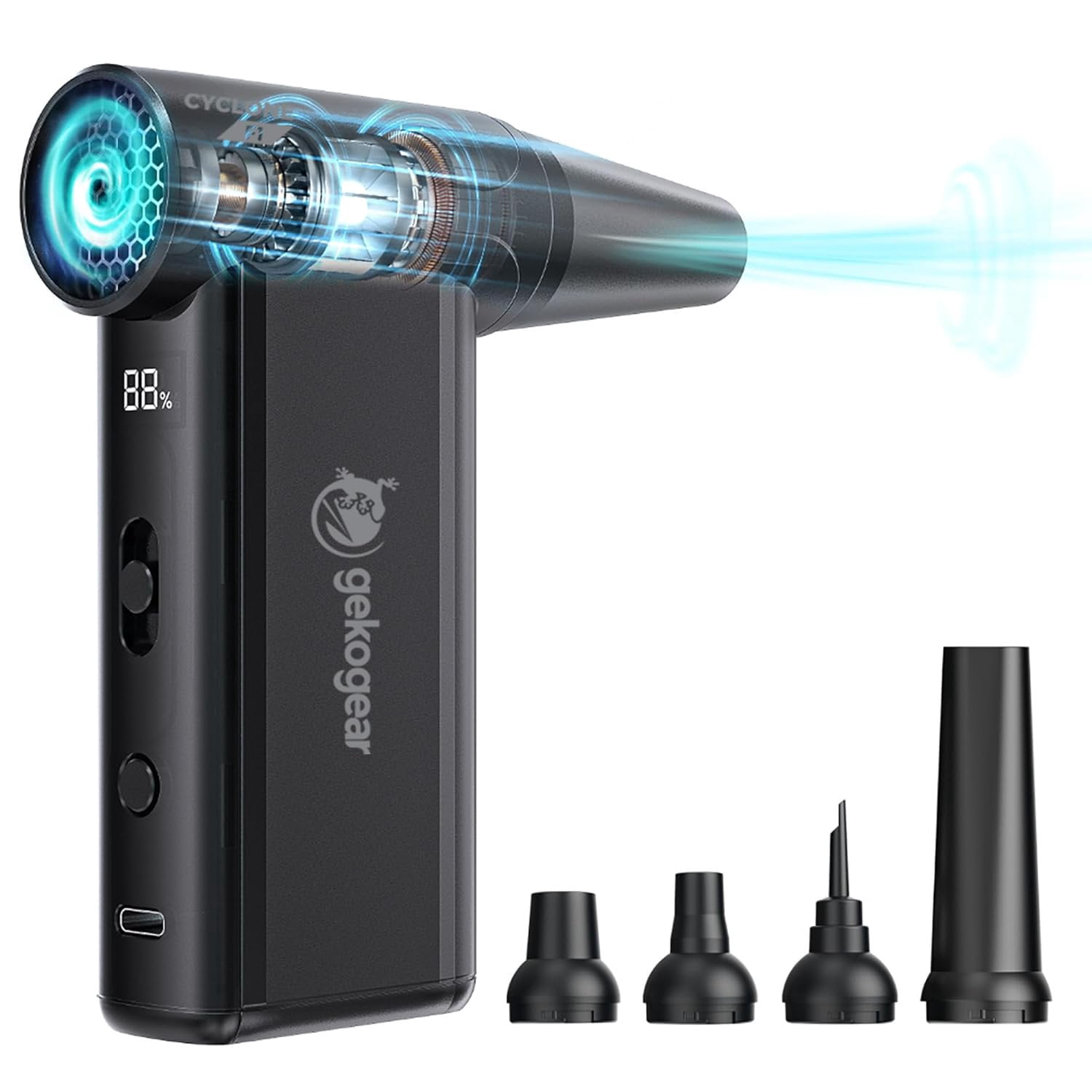 GekoGear Cyclone F1 Cordless 2-Way Air Blower, 110000 RPM Brushless Motor, 8 Speed Levels, Rechargeable USB-C Electric Air Duster with 5 Nozzles and LED Display for Electronics Car Keyboard, Black