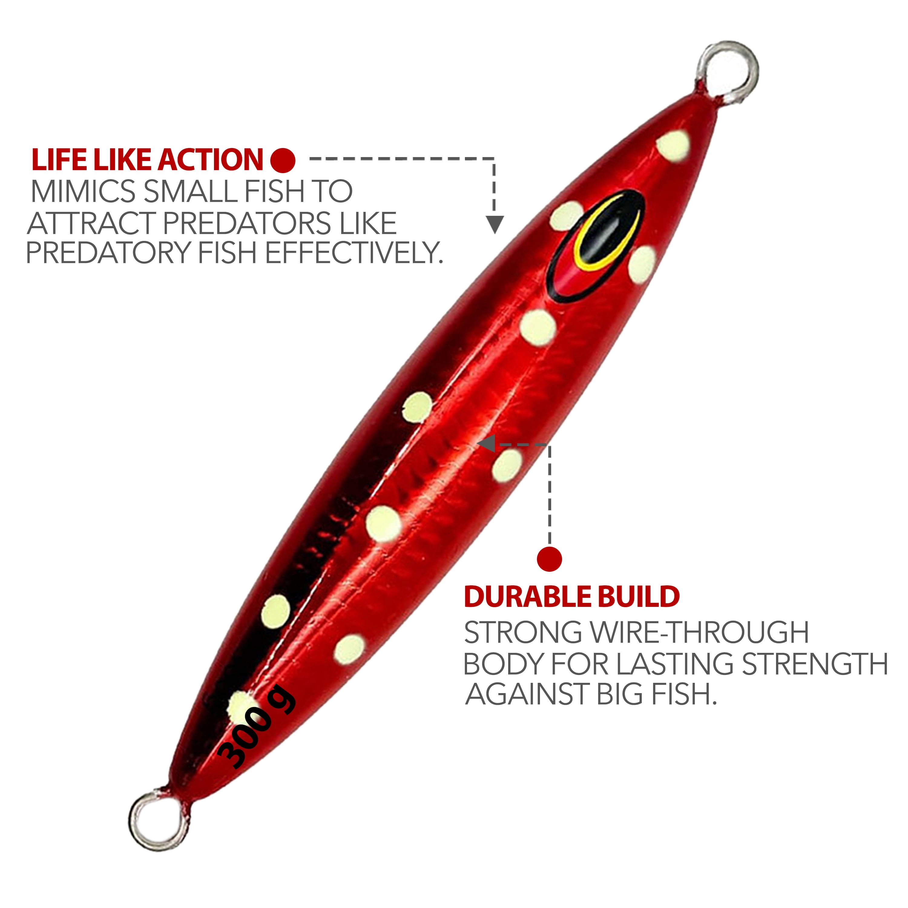 5.5" tuna jigs,300g deep drop saltwater jigging lures, 3 pcs Red Polka Dot, for offshore fishing & vertical jigging, includes wire-through design, ideal for big game tuna & bottom fishing