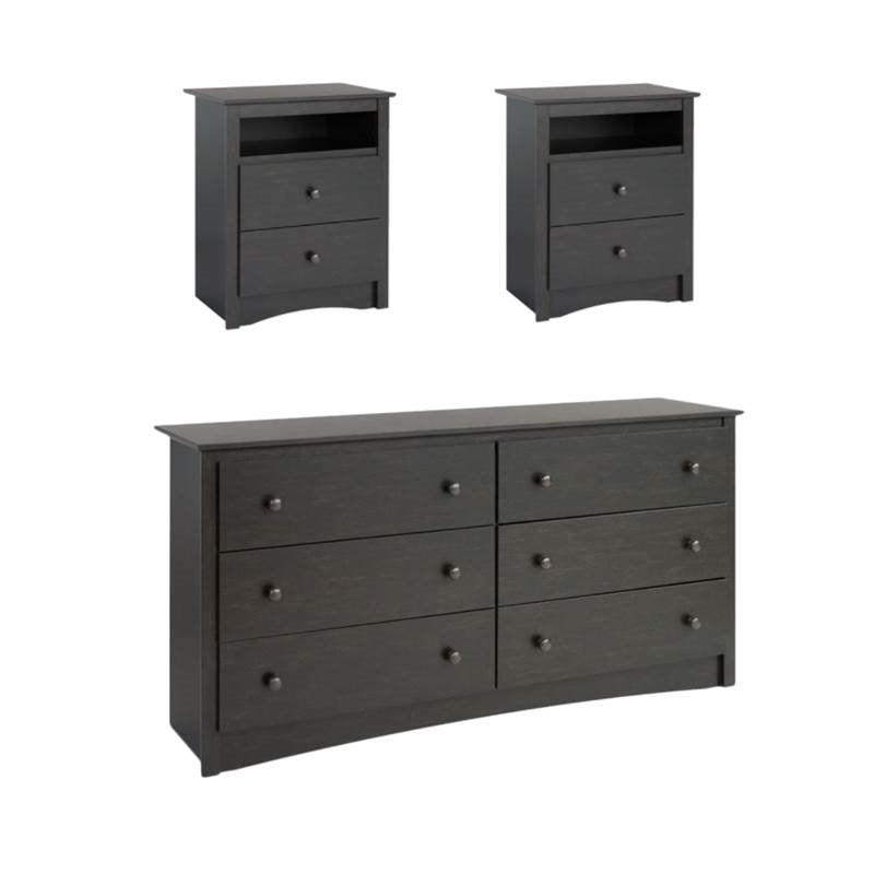 3 Piece Set With 2 Nightstands And Dresser In Washed Black