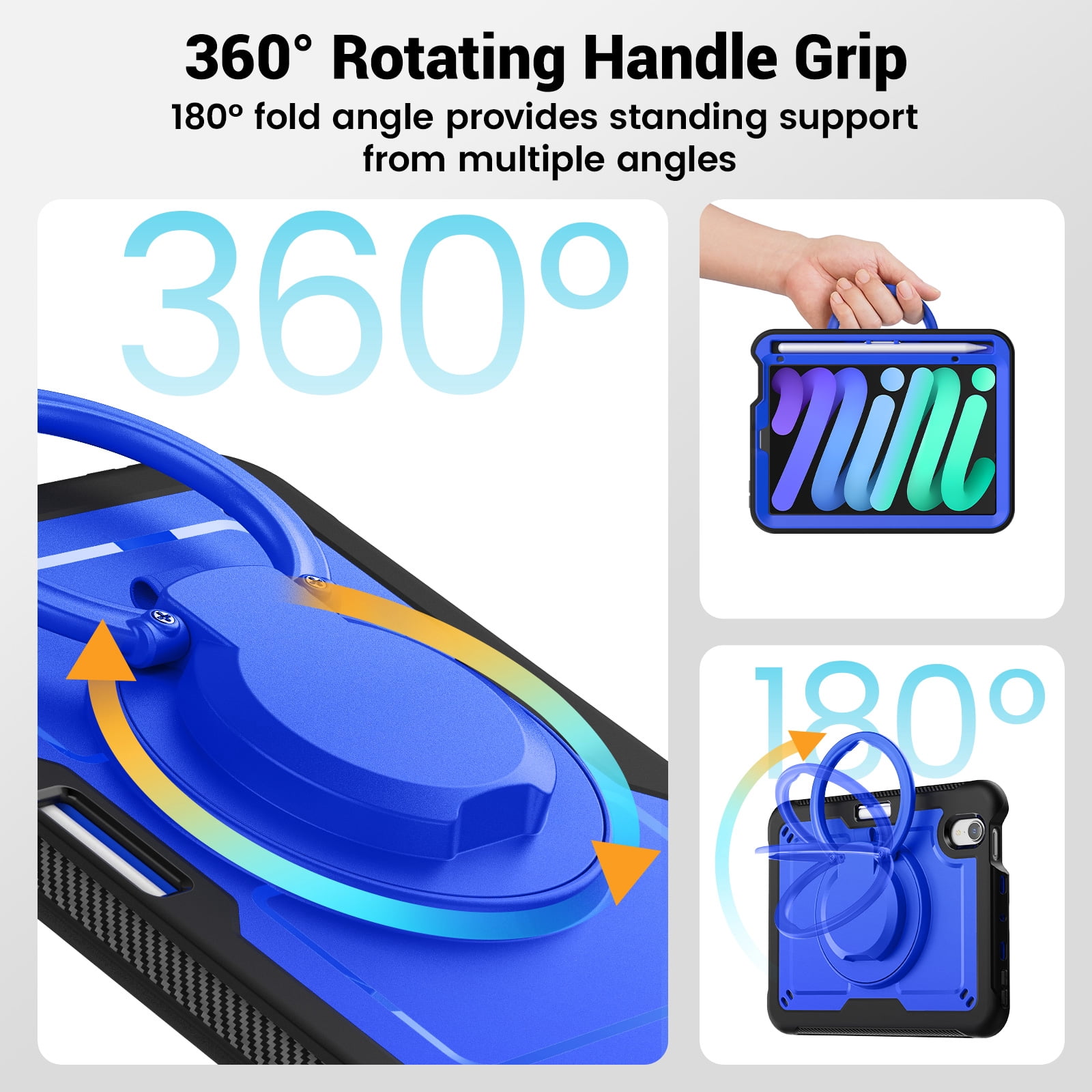 Shockproof Case for Apple iPad Mini 6th 7th Generation 8.3 Inch, Rugged Hybrid Protective Cover with Pencil Holder & Shoulder Strap Kids Friendly Rotating Kickstand Case for iPad Mini 6 7,Darkblue
