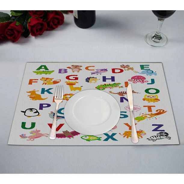 ECZJNT animal alphabet Alphabet Placemat Table Mat Cup Mat 12x18 inch