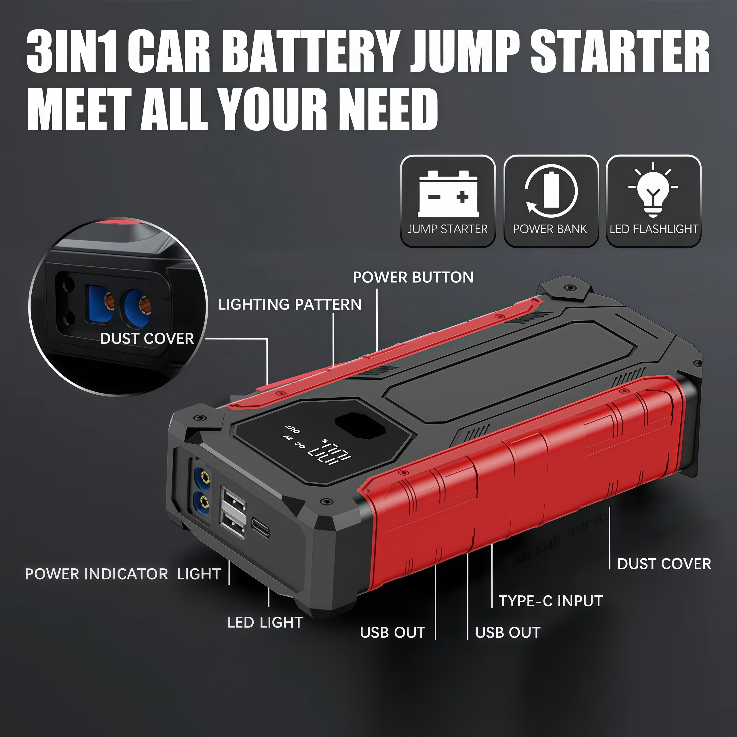 Car Jump Starter,5000A peak 12V Battery Jump Box with Quick Charge Out(up to 6.0L Gas and 4.0L Diesel Engines), Portable Battery Booster pack Power Bank Car Starter