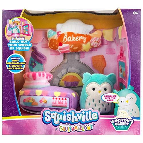Squishville by Squishmallow Bakery Play Scene, 2? Winston Soft Mini-Squishmallow, 8? Playset, 1 Plush Accessory, Marshmallow-Soft Animals, Bakery Toy