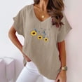 thumbnail image 2 of Ankola Womens Summer Tops 2024 Cotton Linen Plus Size V Neck Floral Ptinted Blouse Tops Casual Short Sleeve Oversized Tshirt, 2 of 6