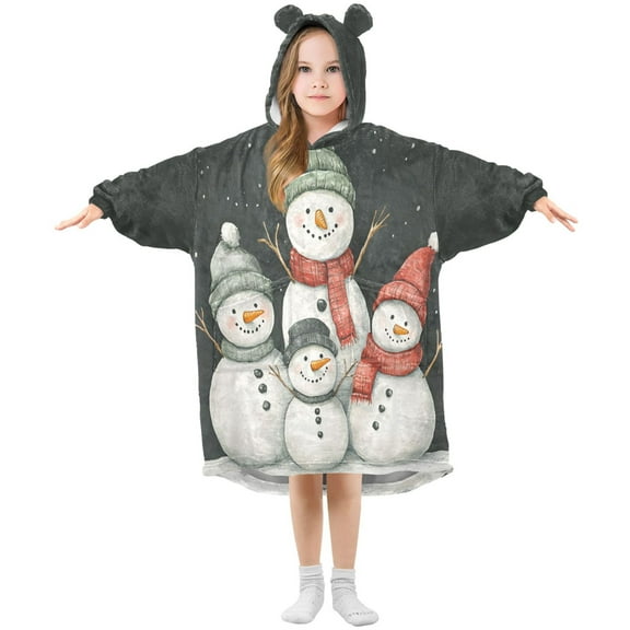 FORMRS Wearable Blanket Hoodie with Sleeves for Kids Cozy Flannel Sweatshirt, Snowman Family