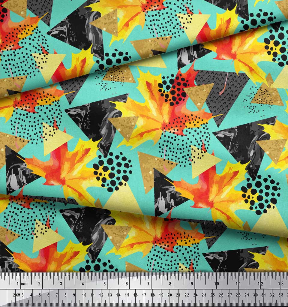 Soimoi Green Silk Fabric Triangle,Autumn Leaves & Brush Stroke Abstract Print Fabric by the Yard 42 Inch Wide