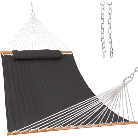 12 FT Quilted Fabric Hammock with Spreader Bar, 2-Person Double Hammock with Chains and Pillow, Outdoor Hammock for Outside Patio Poolside Backyard Beach, 450 lbs Capacity, Gray