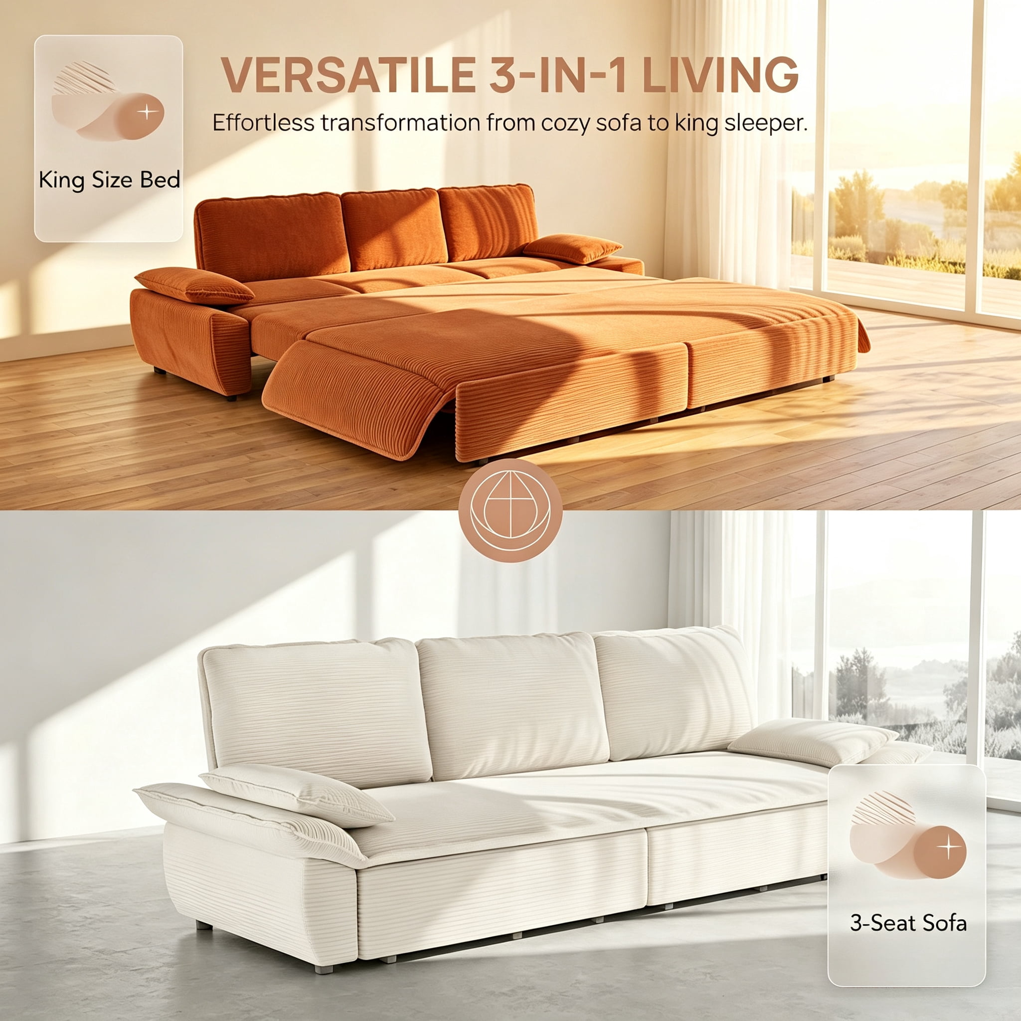 3-in-1 King Size Sleeper Sofa Bed, 94.5" Corduroy Convertible Pull Out Couch with Steel Frame, Modern Folding Lounge Sofa for Living Room, Orange