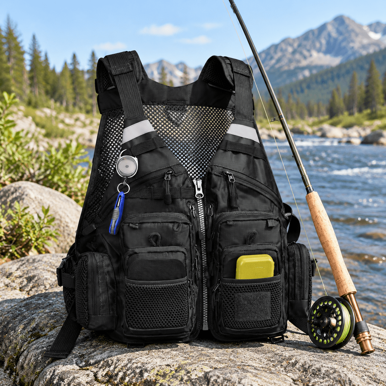 Fly Fishing Vest Black One Size Adjustable with 18 Pockets for Fishing Tools