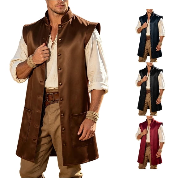 Pirate Jacket Men Sleeveless Button down Jacket Medieval Costume Halloween Cosplay Mens Halloween Costume, Size L