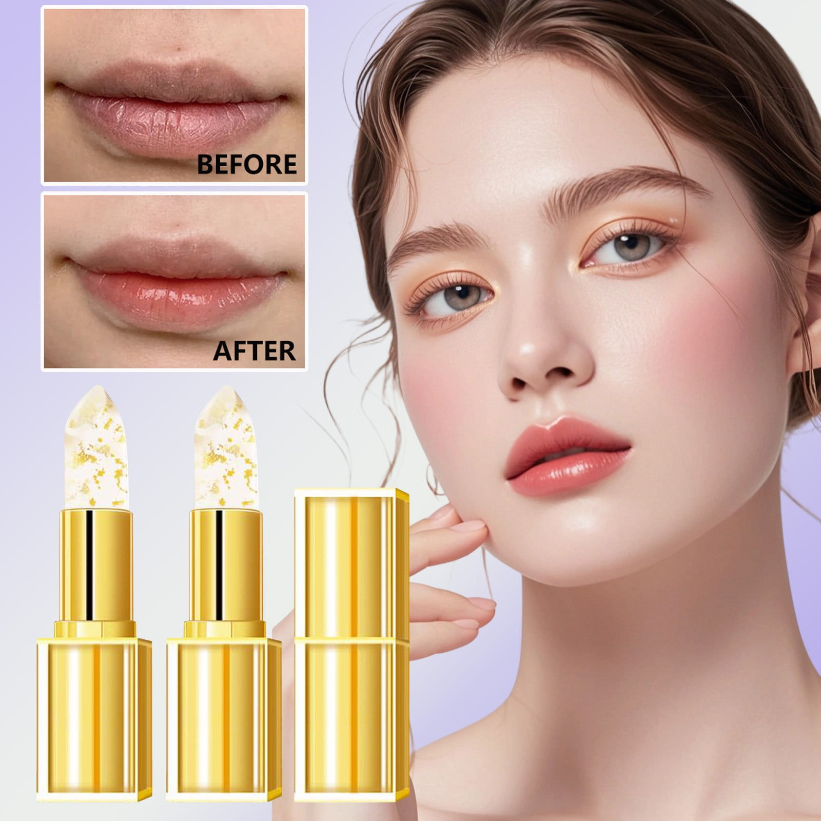 Mcolor 2 Pcs Transferproof Color Changing Lipstick, Imaginary Lip Gloss for Women, Gold Foil Crystal Ph Lipstick Color Changing Moisturizing Glossy Shine Lip Gloss