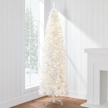 KAAYEE  6Ft Pre-Lit Fir Pencil Christmas Tree,White Artificial Slim Skinny Christmas Tree for Home, Office, Party Decoration with 400 Tips, 210 Warm White Lights,Metal Hinges & Base