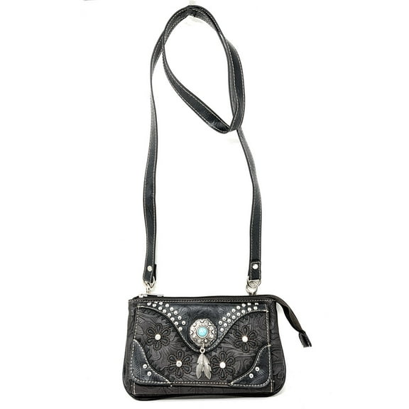 Texas West Western Rhinestone Laser Cut Feather Floral Concho Crossbody Small Pouch Wallet in 5 colors
